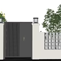 Outdoor Landscape Wall Design With Black Gate White Perforated Panels And Green Trees