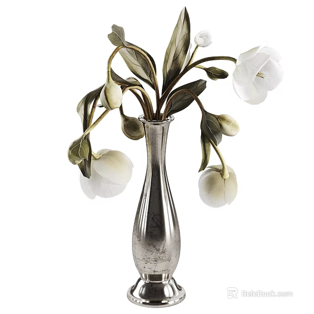 Elegant Silver Vase With White Flowers And Green Leaves For Home Decor 3d model 