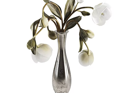 Elegant Silver Vase With White Flowers And Green Leaves For Home Decor 3d model
