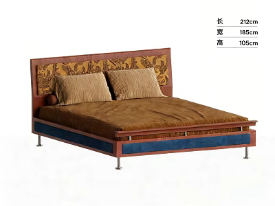 Double Bed With Patterned Headboard Brown Mattress Blue Frame And Two Pillows 3d model