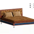 Double Bed With Patterned Headboard Brown Mattress Blue Frame And Two Pillows