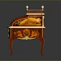 Ornate Antique Writing Desk With Red And Gold Inlaid Designs And Decorative Details