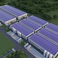 Industrial Factory Building With White Exterior Spire Topped Towers Trucks And Green Lawn