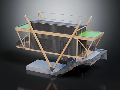 Modern Overhanging Residential Building With Unique Wooden Frame Green Roof And Glass Railings 3d model