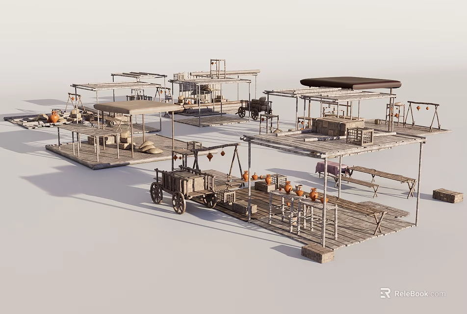 Rustic Outdoor Market Stalls Featuring Wooden Canopies Vintage Carts And Pumpkin Ornaments 3d model 