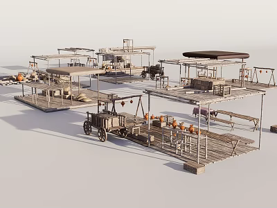 Rustic Outdoor Market Stalls Featuring Wooden Canopies Vintage Carts And Pumpkin Ornaments 3d model