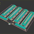 Neatly Arranged Large Logistics Park With Multiple Long Blue Roof Buildings And Vehicles