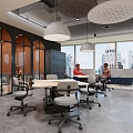 Modern Conference Room Interior With Large Meeting Table Chairs Projection Screen And Glass Wall