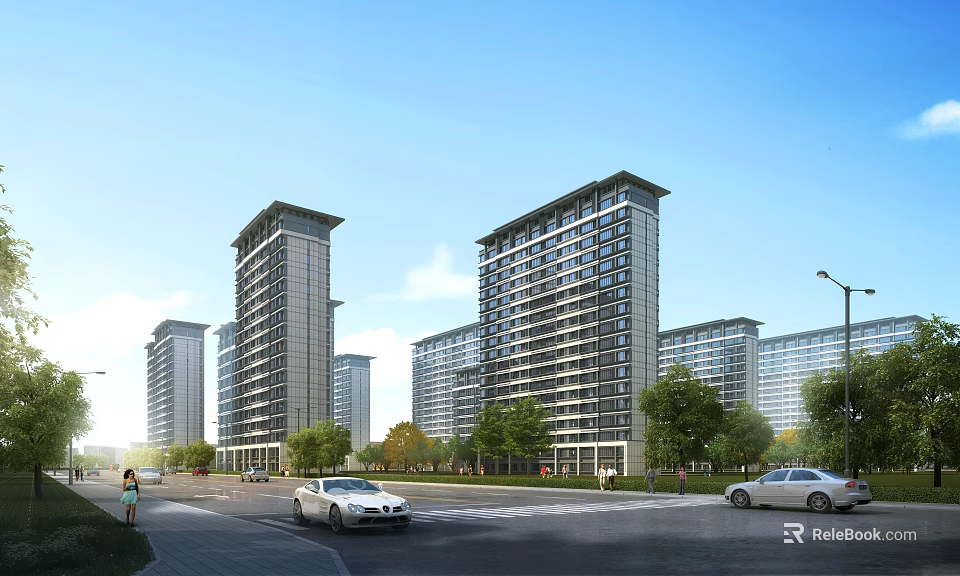 Modern High Rise Residential Buildings With Trees Cars On Road And Clear Blue Sky 3d model 