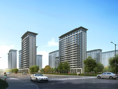 Modern High Rise Residential Buildings With Trees Cars On Road And Clear Blue Sky 3d model