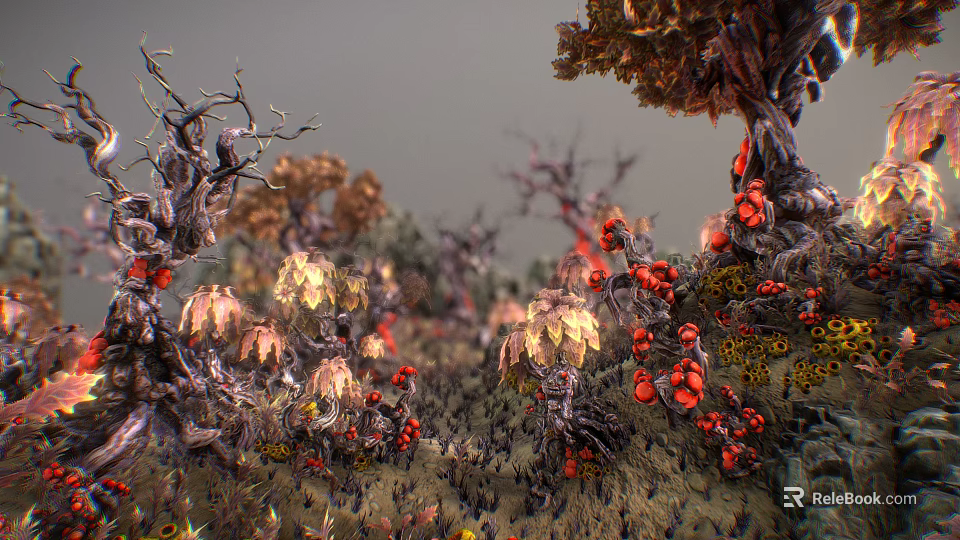 Exotic Garden Landscape With Twisted Tree Trunks Vibrant Red Blooms And Colored Foliage 3d model 