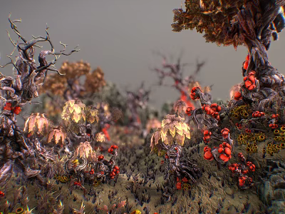 Exotic Garden Landscape With Twisted Tree Trunks Vibrant Red Blooms And Colored Foliage 3d model