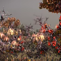 Exotic Garden Landscape With Twisted Tree Trunks Vibrant Red Blooms And Colored Foliage