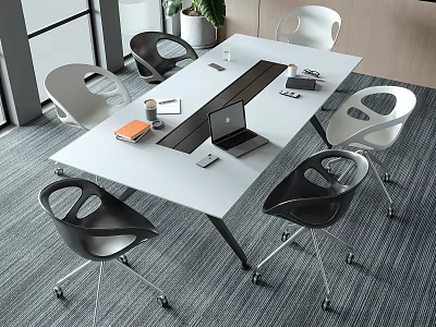 Modern Office Conference Table With White Top Black Legs And Ergonomic Rolling Chairs 3d model