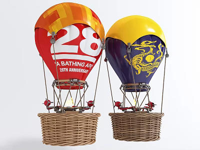 Amusement Rides Two Hot Air Balloons With Red 28th Anniversary And Yellow Dragon Pattern Baskets 3d model