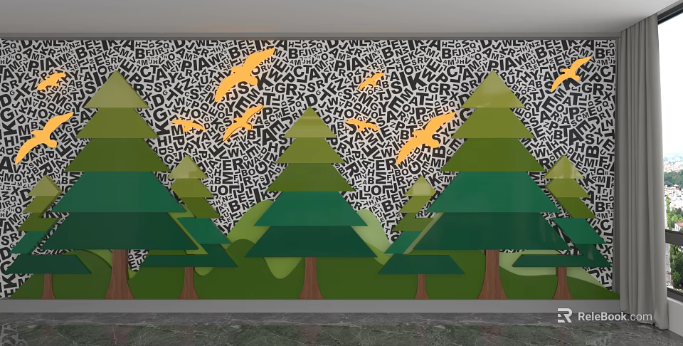 Creative Background Wall Design With Black White Letter Pattern Yellow Birds And Green Trees 3d model 