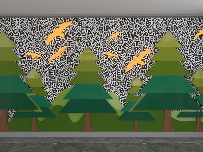 Creative Background Wall Design With Black White Letter Pattern Yellow Birds And Green Trees 3d model
