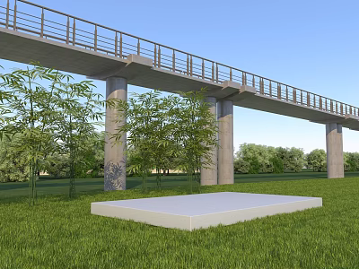 Rural Landscape With Elevated Viaduct Pillars Green Grass And White Platform 3d model