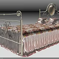 Double Bed with Ornate Metal Frame Floral Bedspread Pink Bed Skirt and Lace Trim