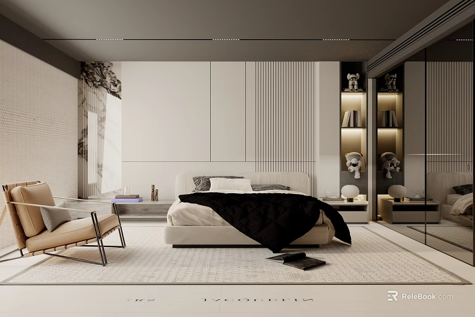 Modern Minimalist Bedroom Interior Design With White Walls Large Bed Black Blanket And Beige Chair 3d model 