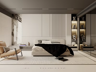 Modern Minimalist Bedroom Interior Design With White Walls Large Bed Black Blanket And Beige Chair 3d model