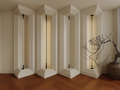 Elegant Decorative Lights Integrated in White Vertical Structures With Wooden Flooring and Branch Plant 3d model