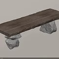 Rustic Wooden Bench With Natural Stone Supports And Solid Structure 3d model
