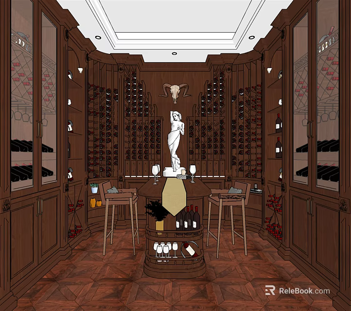 Elegant Wine Cellar Interior Design With Wooden Wine Racks Decorative Statue And Bar Stools 3d model 