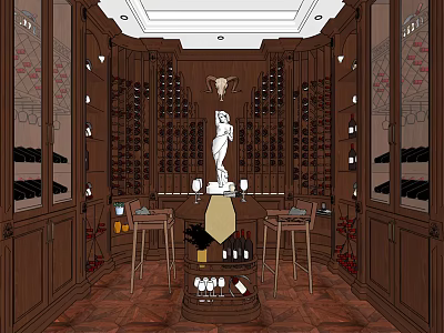 Elegant Wine Cellar Interior Design With Wooden Wine Racks Decorative Statue And Bar Stools 3d model