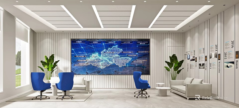 Bright Modern Corporate Reception Area With Large Digital Map Screen And Comfortable Lounge Seating 3d model 