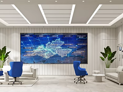 Bright Modern Corporate Reception Area With Large Digital Map Screen And Comfortable Lounge Seating 3d model