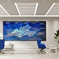 Bright Modern Corporate Reception Area With Large Digital Map Screen And Comfortable Lounge Seating