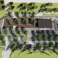 Scenic Residential Landscape With Lush Trees Open Pavilion Reflective Water And Stone Walkway