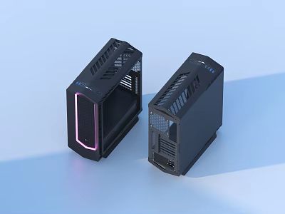 Two Sleek Black Computer Cases With RGB Lighting Pink Accents And Transparent Panels 3d model