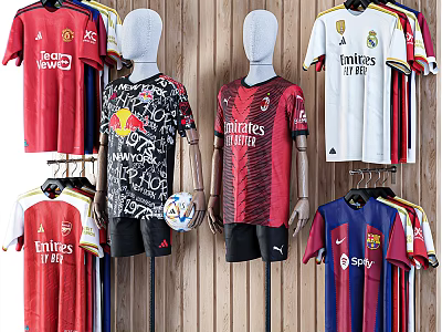 Different Football Team Jerseys Displayed On Mannequins And Hanging On Wooden Wall 3d model