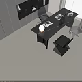 Modern Black Desk With Laptop Lamp Documents Transparent Chair Geometric Stool And Bookshelf