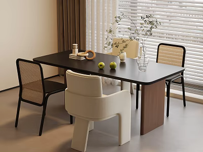 Modern Minimalist Dining Table Set With Black Tabletop Chairs And Decorative Plants 3d model