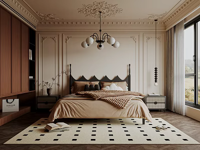 Elegant Bedroom Interior With Ornate Ceiling Decoration Chandelier Wooden Wardrobe And Black White Rug 3d model