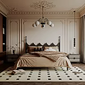 Elegant Bedroom Interior With Ornate Ceiling Decoration Chandelier Wooden Wardrobe And Black White Rug