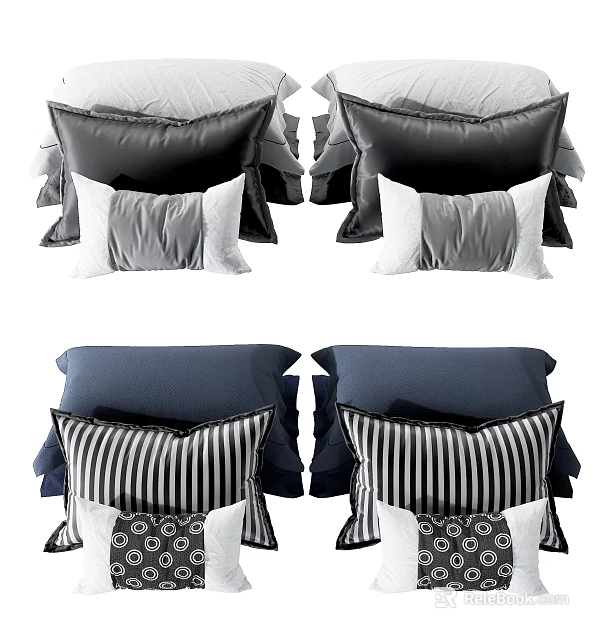 Stylish Decorative Pillows In Black White Grey Blue With Striped And Geometric Designs 3d model 