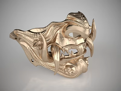 Golden Decorative Mask With Intricate Carvings And Tusk Details 3d model