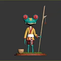 Anthropomorphic Red Eyed Frog In Yellow Red Kimono With Long Staff On Grass Base