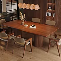Wooden Dining Table Set with Chairs Pendant Light and Indoor Potted Plant