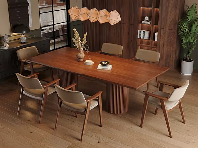 Wooden Dining Table Set with Chairs Pendant Light and Indoor Potted Plant 3d model