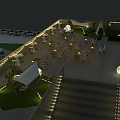 Vibrant Commercial Street Plaza With Stage Orange Chairs And Green Trees