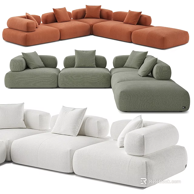 Modern Double Sofa In Orange Green White With Soft Cushions And Modular Design 3d model 