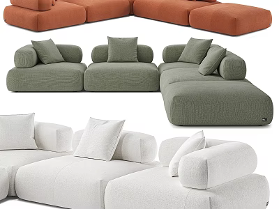 Modern Double Sofa In Orange Green White With Soft Cushions And Modular Design 3d model