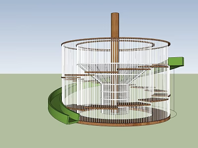 Modern Circular Playground Equipment With Wooden Post White Railings And Green Spiral Slide 3d model