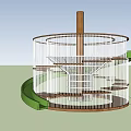 Modern Circular Playground Equipment With Wooden Post White Railings And Green Spiral Slide