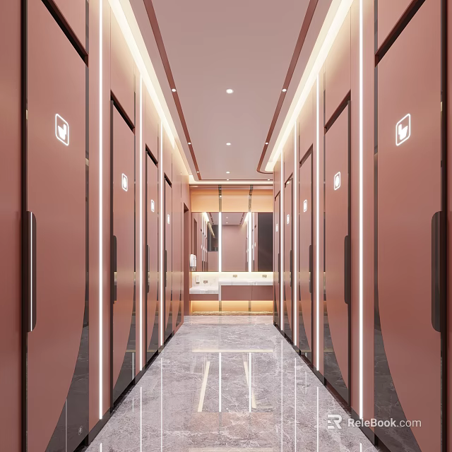 Elegant Modern Public Restroom Corridor With Stalls Lighting Mirrors And Washbasins 3d model 